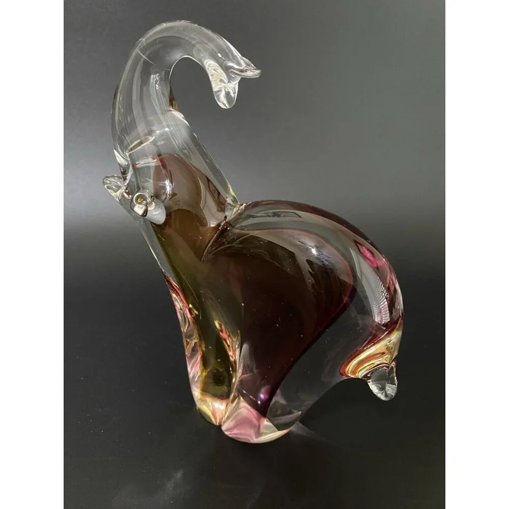 Clear Glass Elephant Figurine Paperweight Purple & Amber Collector 6